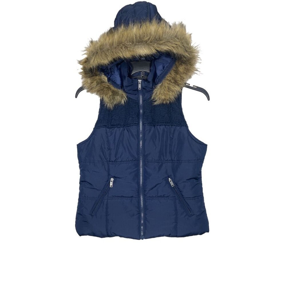 Maurices Navy Blue Hooded Puffer Vest Faux Fur Trim & Cable Knit‎ Yoke Size Med